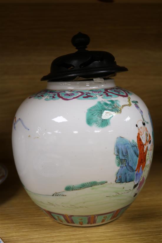 Two famille rose vases,melon shapers, jar and cover and two plates (5) Largest 23cm high